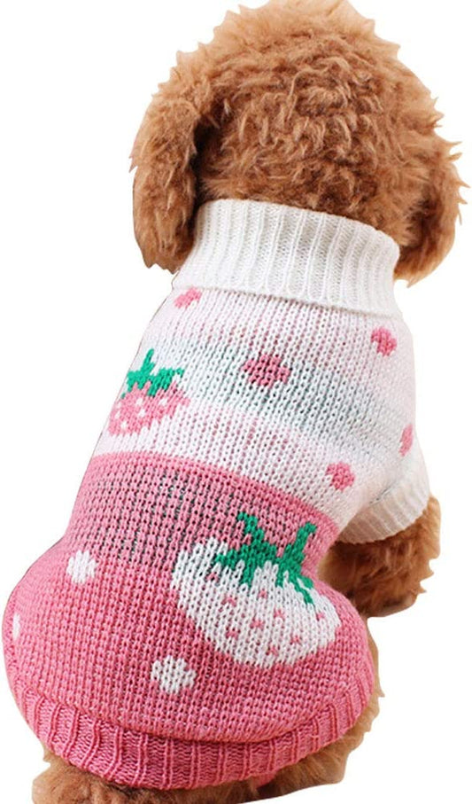 Pet Dog Sweaters Classic Knitwear Turtleneck Winter Warm Puppy Clothing Cute Strawberry and Heart Doggie Sweater (Pink, Medium)