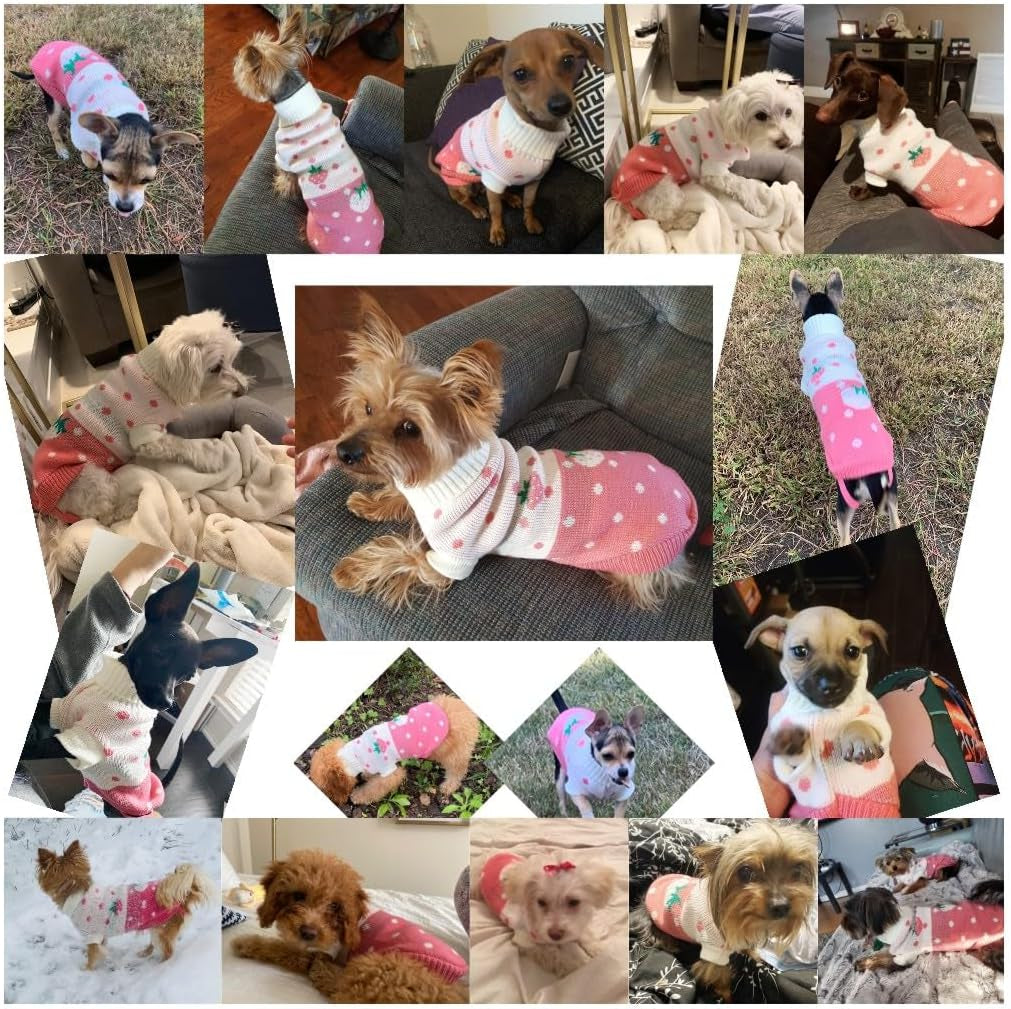 Pet Dog Sweaters Classic Knitwear Turtleneck Winter Warm Puppy Clothing Cute Strawberry and Heart Doggie Sweater (Pink, Medium)